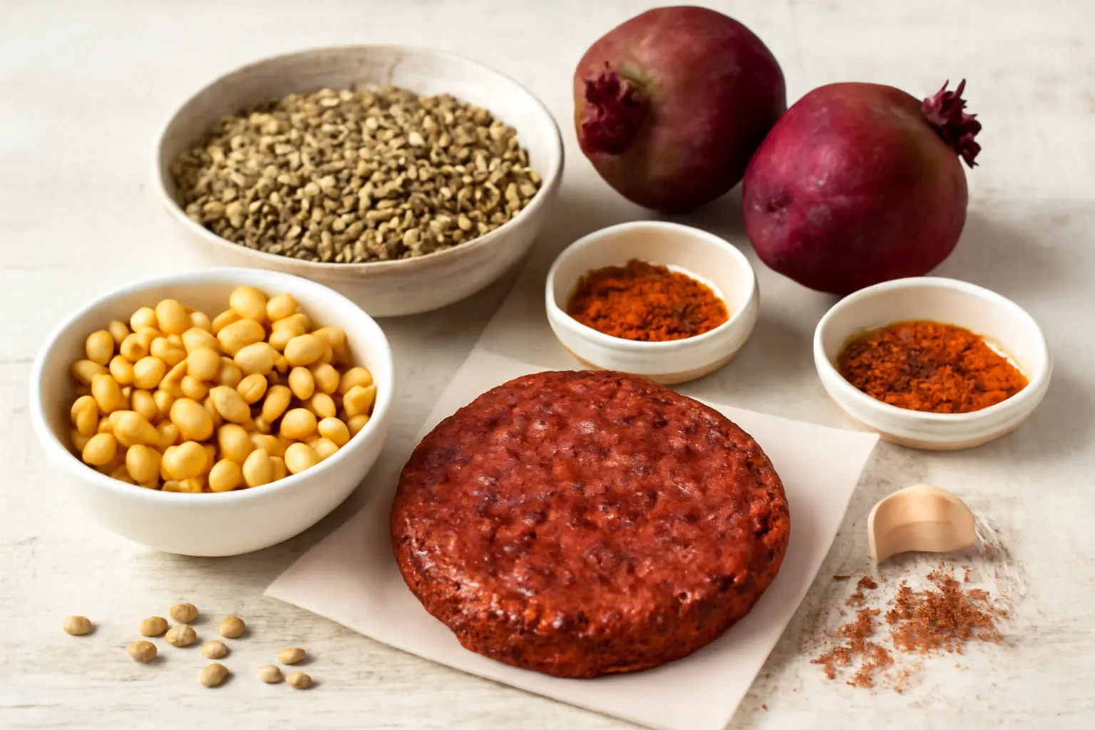 مواد اولیه همبرگر گیاهی خانگی شامل نخود، عدس و چغندر
