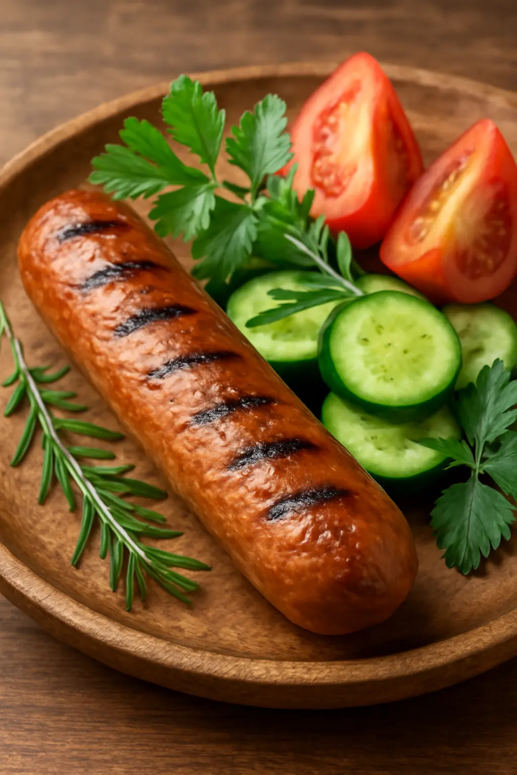 تصویر کلوزآپ از سوسیس گیاهی گریل‌شده با سبزیجات و گیاهان تازه