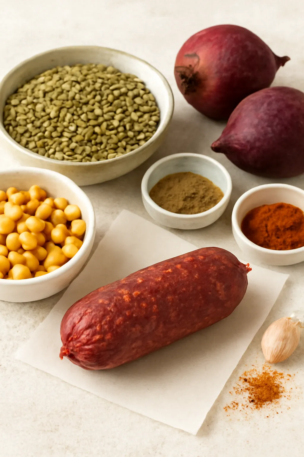 مواد اولیه سوسیس گیاهی خانگی شامل نخود، عدس و چغندر