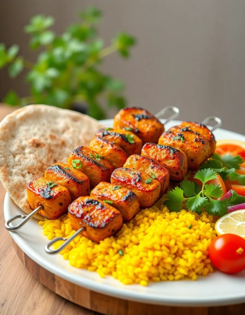 جوجهکباب گیاهی با سس ماست گیاهی و شوید