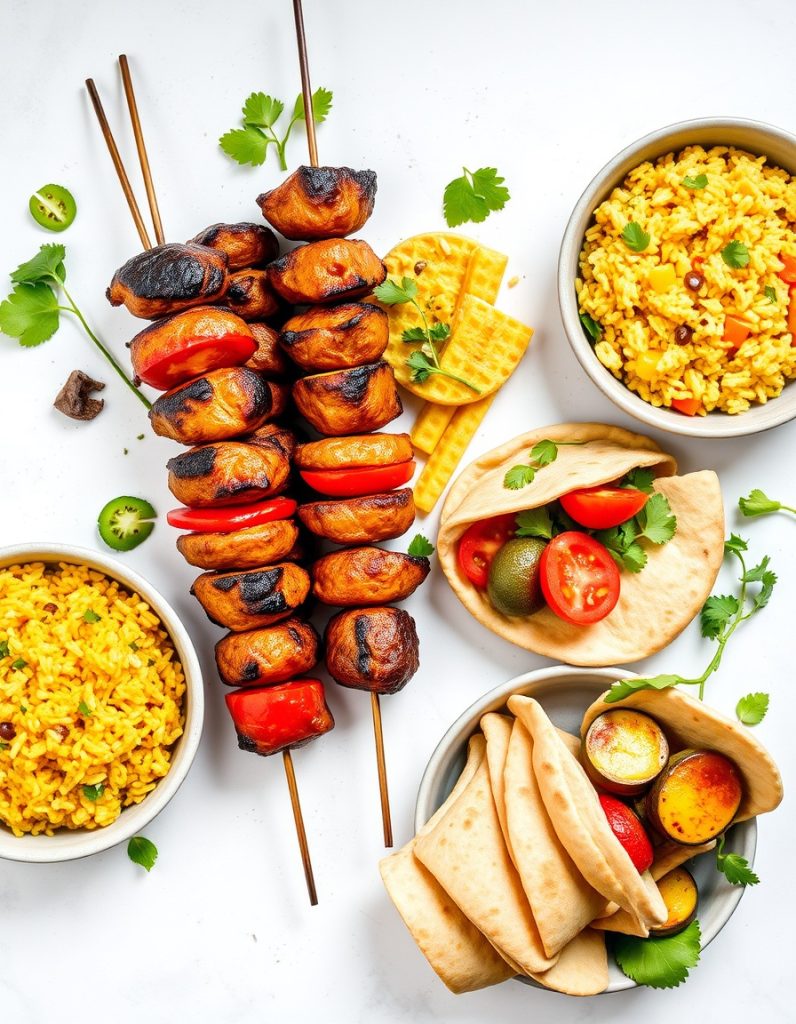 جوجهکباب گیاهی با نان چاباتا و سبزیجات سوته